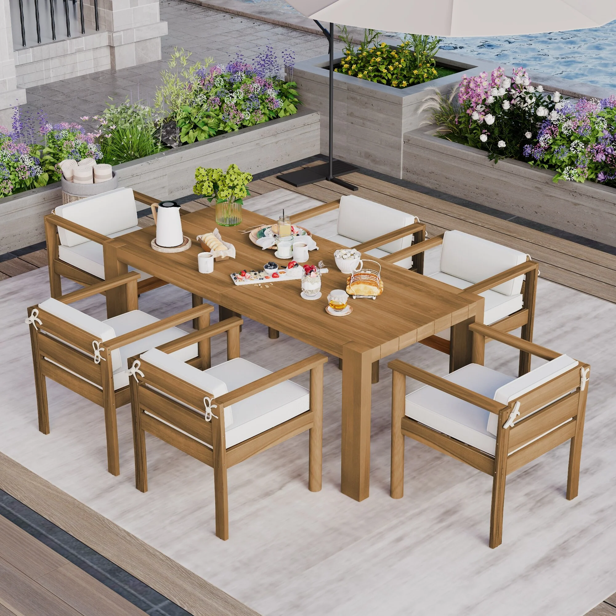 7-Piece Outdoor Patio Dining Set Wood Rectangular Dining Table and 6 Arm Chairs with Parasol Hole and Removable Cushions