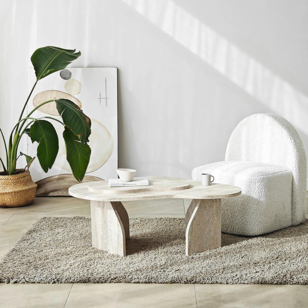 Table basse design organique effet travertin 2 plateaux MARFA
