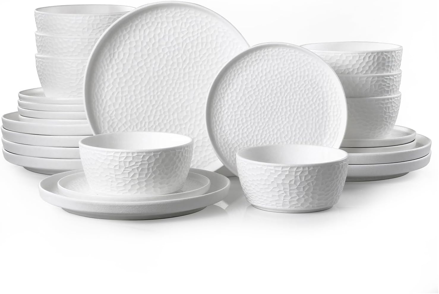 KINGSTONE Ceramic Dinnerware Set, 24-Piece Porcelain Plates and Bowls Set for 8, Matte Black or White, Hammered Texture, Microwave, Dishwasher & Oven Safe, Perfect for Home, Weddings & Gifts