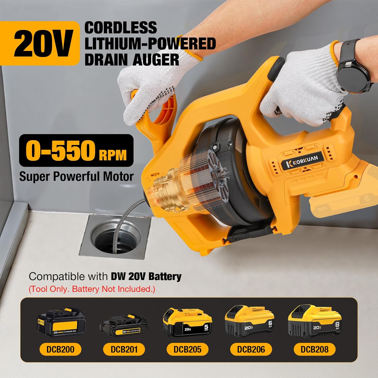 Cordless Drain Auger Compatible with De-walt 20V Battery, Auto-Feed Plumbing Drain Snake with 23.62FT Replaceable Cable, Drain Clog Cleaner Tool for Sink, Toilet, Bathtub, Sewer (Battery Not Included)
