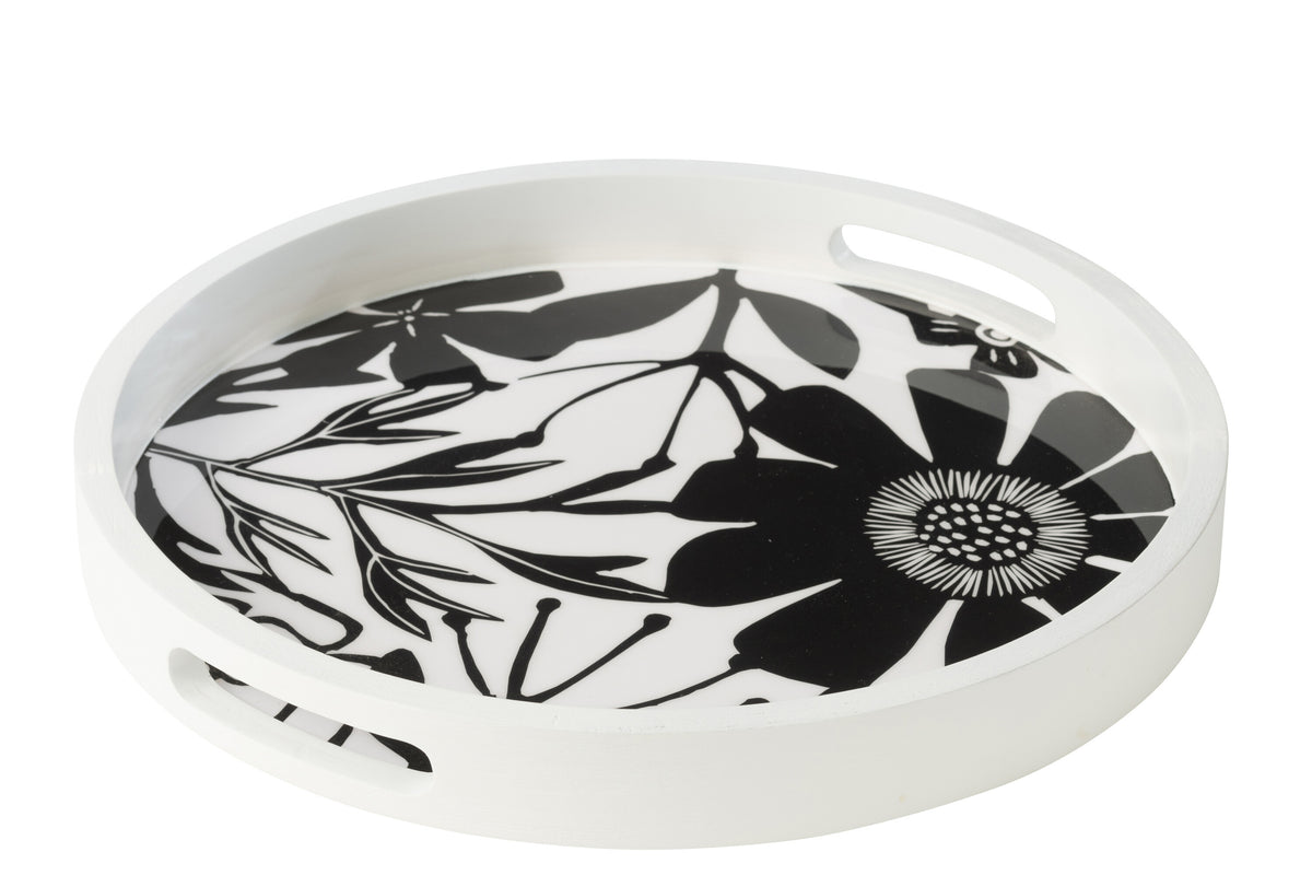 J-Line plateau Rond met Handvaten Bloemen - hout - zwart/wit