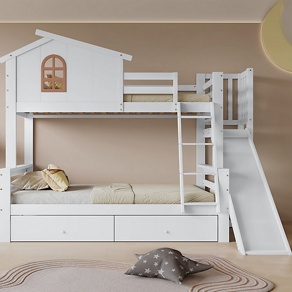 Lit Superposé 90x200 cm - Lit Cabane avec Rangement, Roulant et Toboggan - Pin et MDF - Sans Matelas - Blanc