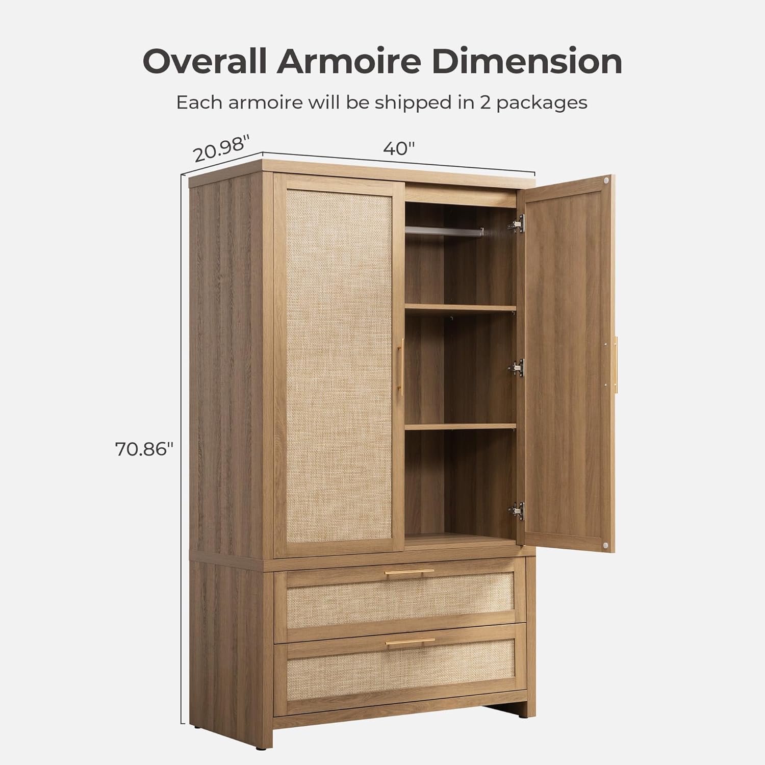 SICOTAS Larger Armoire Wardrobe Closet, 71 Tall Rattan Freestanding Wardrobe Closet Cabinet with Storage and 2 Drawers, Boho Armoire Clothes Organizer with Hanging Rod for Bedroom, Oak (2 Pieces)