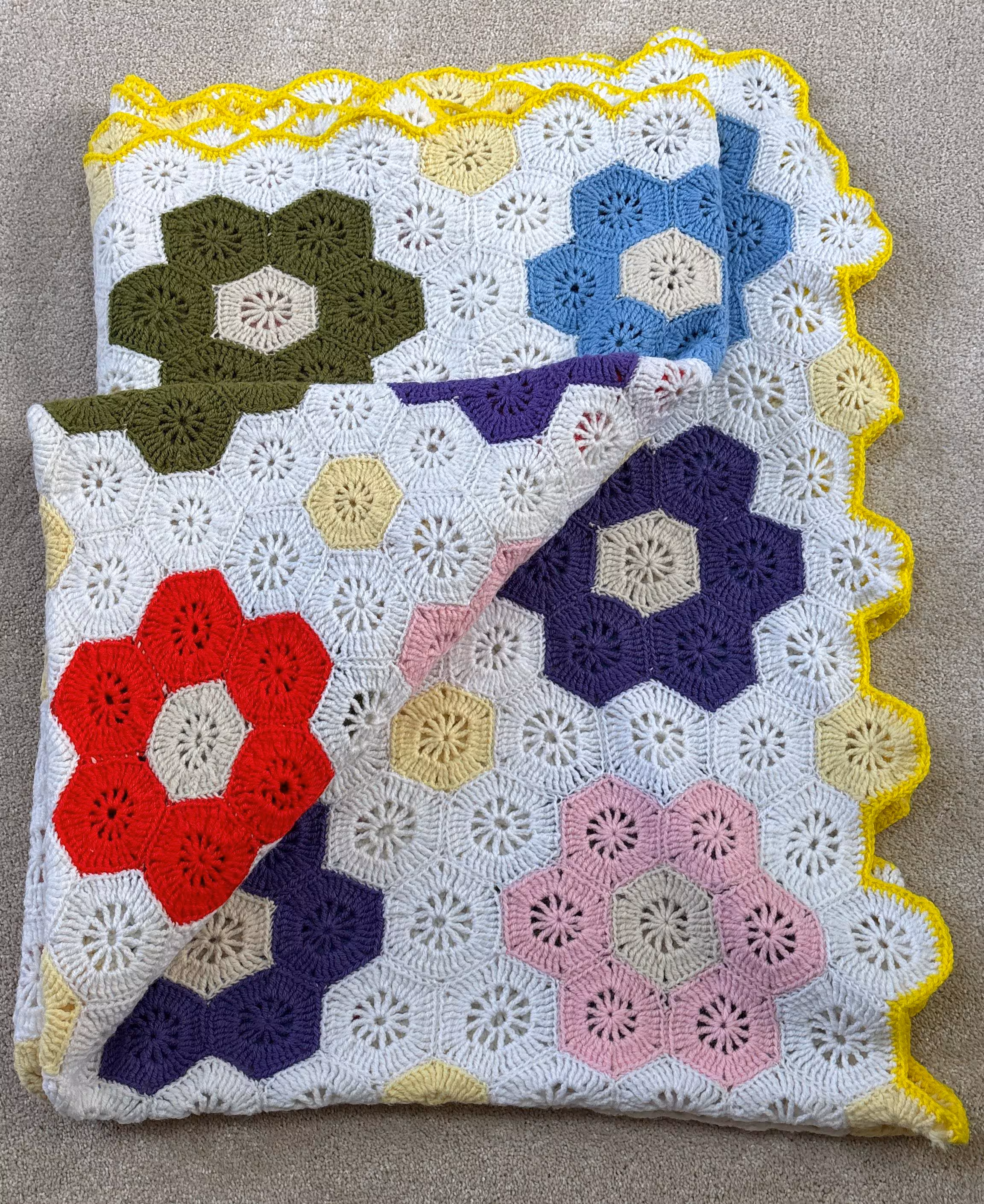 Granny Square Crochet Flower Garden Hexagonal Full Size Blanket