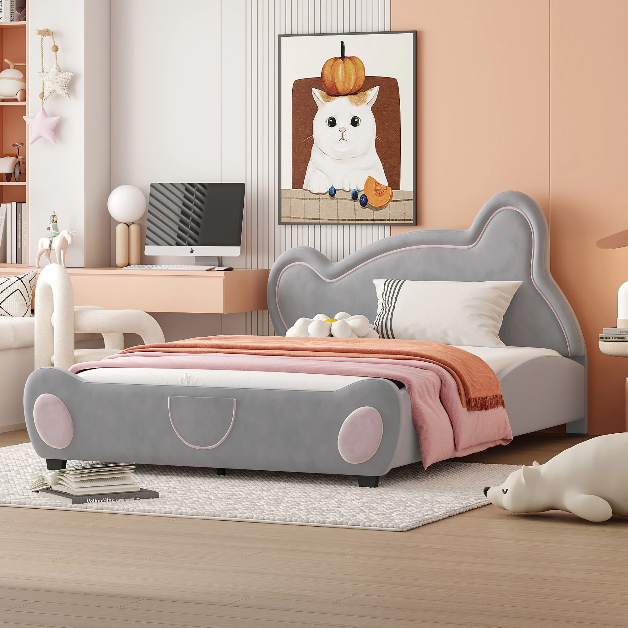 Adorable Bear-Shaped Full Platform Bed with Storage and Velvet Finish