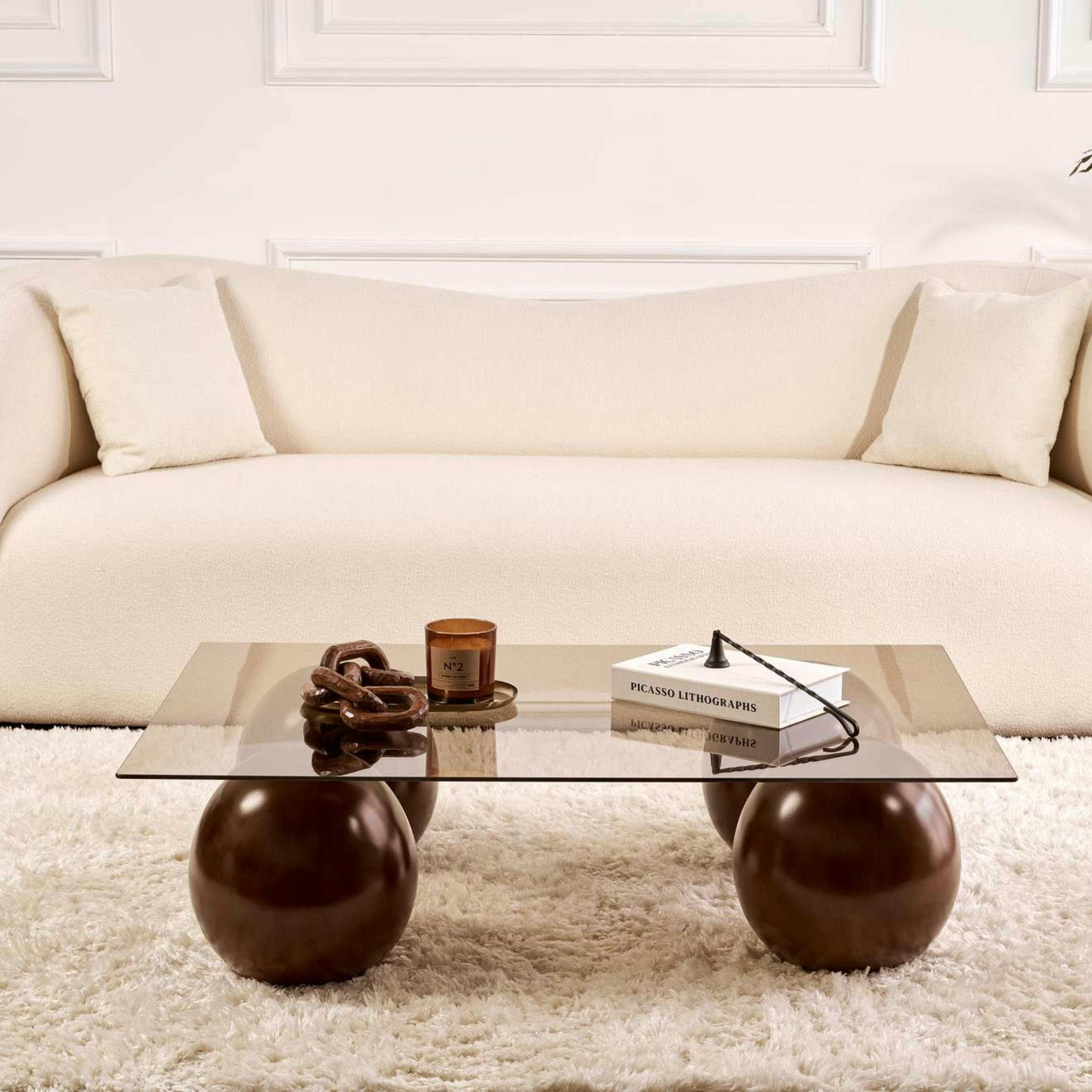 Table basse rectangulaire verre ambré 4 pieds boule KOCHI