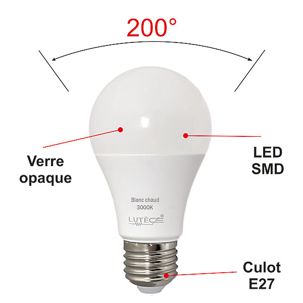 Lot de 10 ampoules LED E27 8,8W 806Lm 3000K - garantie 5 ans