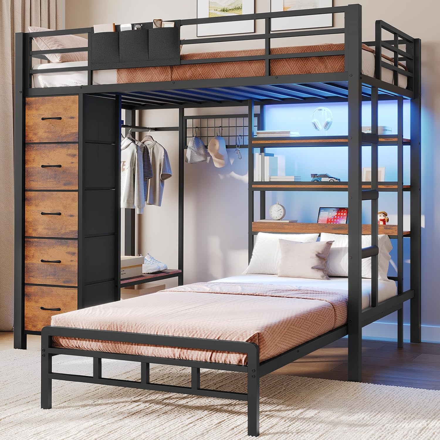 VIAGDO Bunk Bed Twin Over Twin with 5 Storage Drawers, Twin Bunk Beds with Charging Station and Lights, L-Shaped Metal Bunk Bed with Shelves, Bedside Pocket, Guardrail & Ladder for Kids, Teens, Black