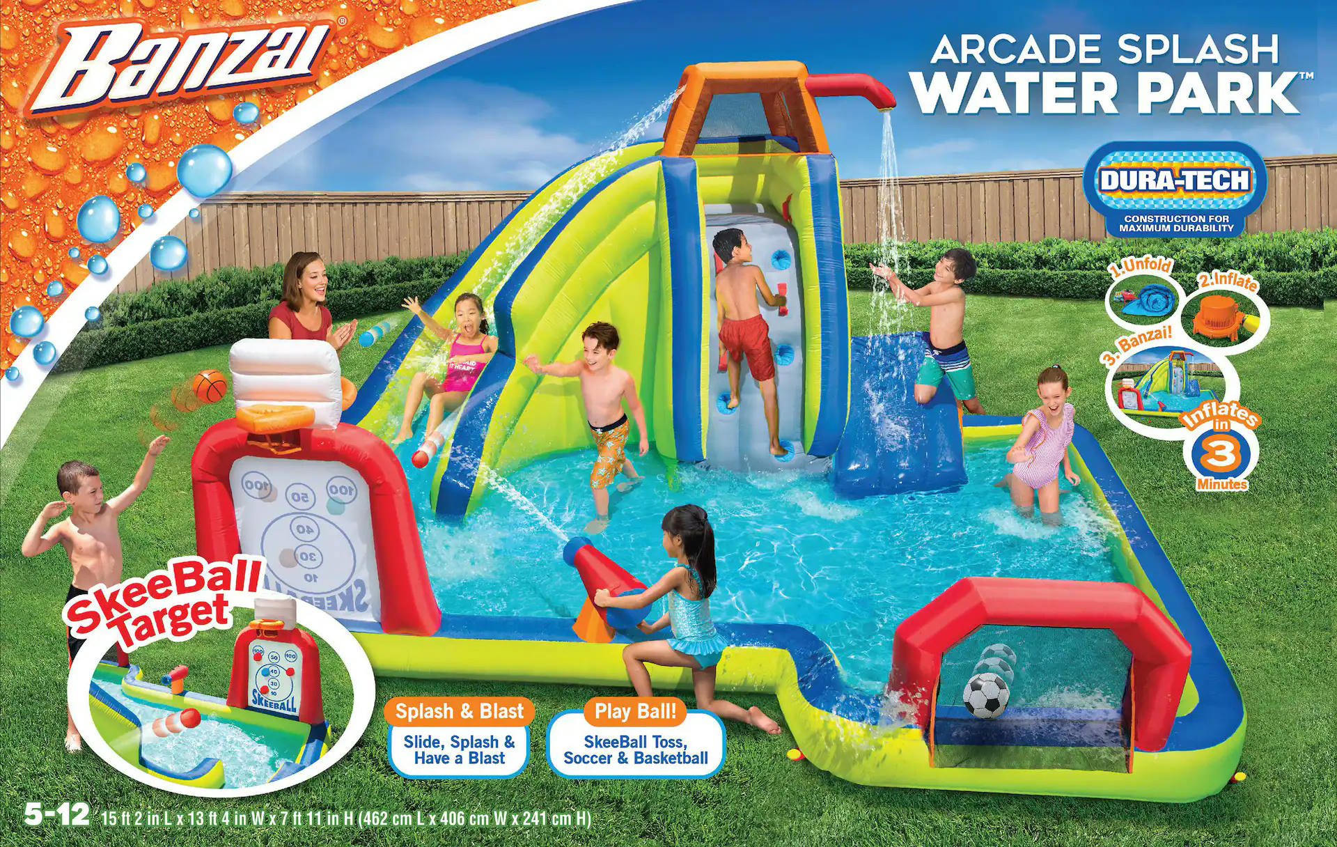 BANZAI Arcade Outdoor Inflatable Splash Water Park & Sports Centre Combo, Kids Ages 5+
