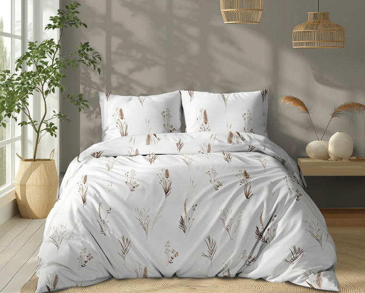 Pościel 160x200 biała w trawy brązowo-beżowe – 5771 B – Cotton Bloom