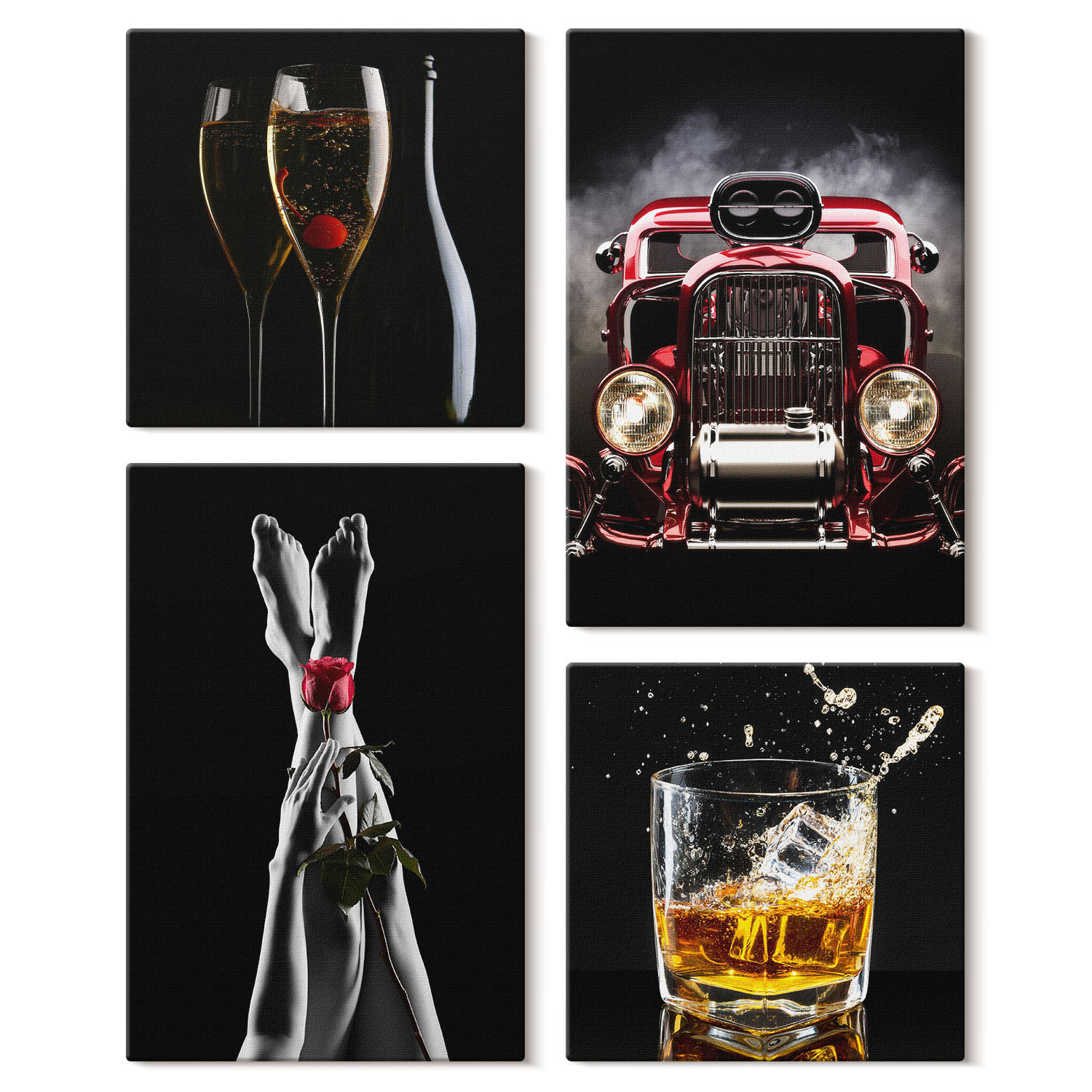 Obraz canvas 4 częściowy Nogi róża auto whisky |40x40, 40x60| Wallfluent