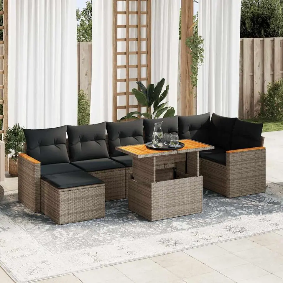 vidaXL Loungeset voor 6 met kussens en verstelbaar tuintafel poly rattan - Grijs