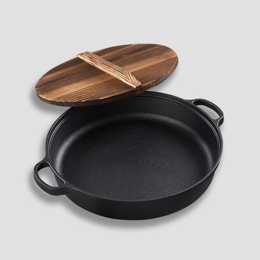 SOGA 2X 35cm Round Cast Iron Pre-seasoned Deep Baking Pizza Frying Pan Skillet with Wooden Lid