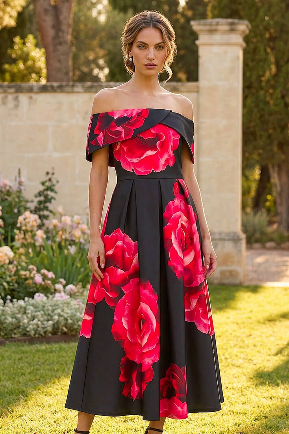 Roman Floral Print Premium Stretch Midi Dress