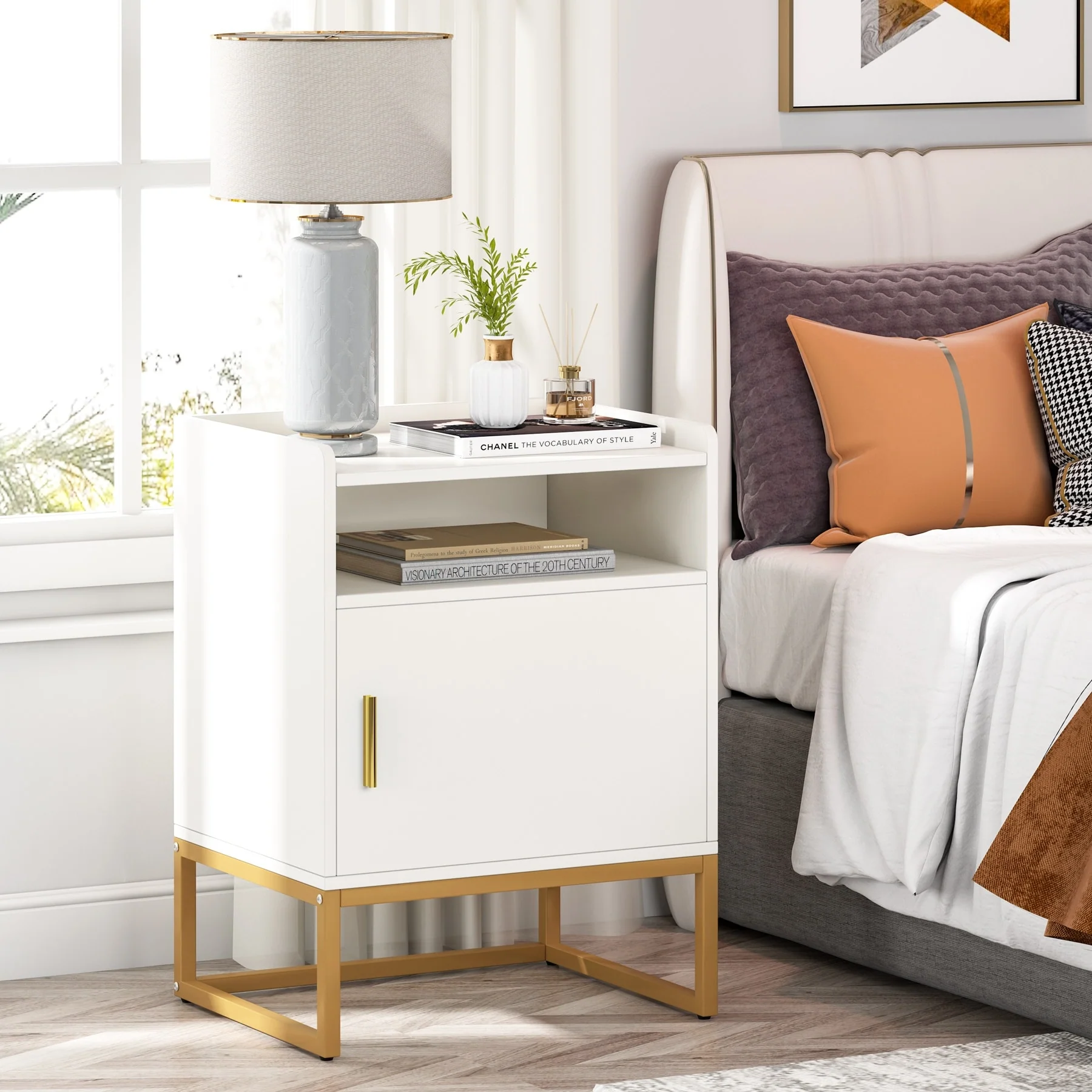 Modern Nightstand with Cabinet and Storage Shelf
