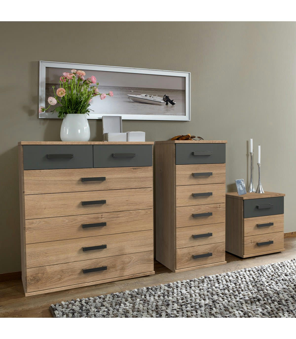 - Commode 3 tiroirs décor chêne et graphite - L46 cm