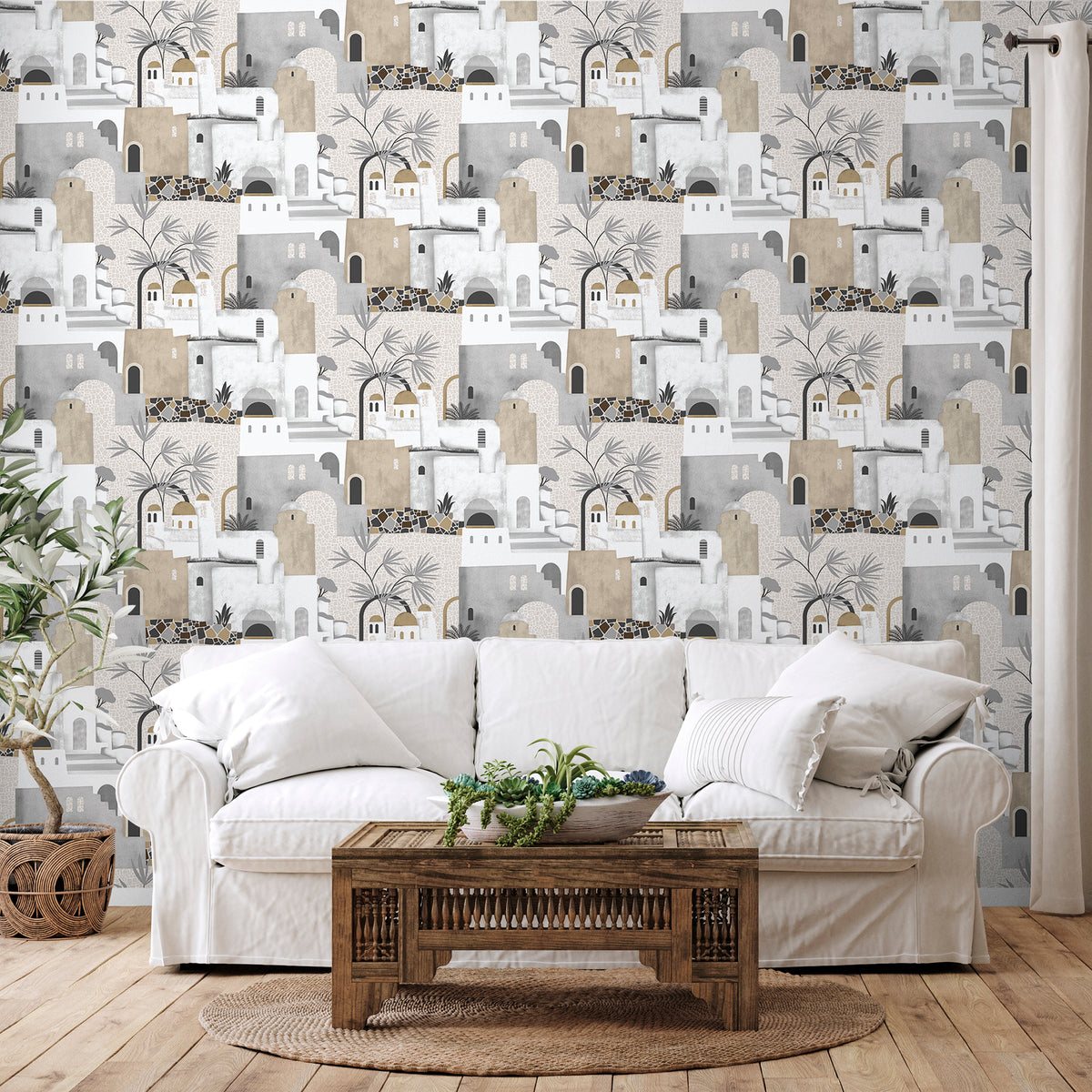 Sanders & Sanders behang mediterrane huisjes donker beige, grijs en wit - 53 cm x 10 m - 640078