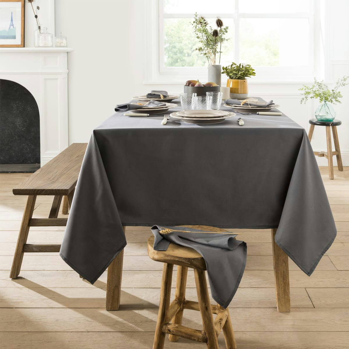 CAMBRAI - Nappe en coton traitee teflon  anthracite 180 x 300