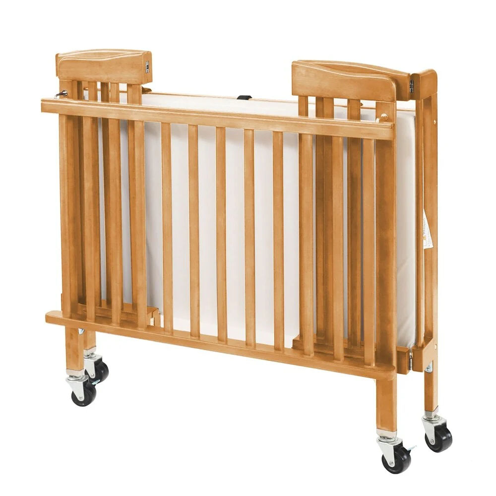 Slatted Foldable Pocket Wooden Crib with Casters Support,Natural Brown