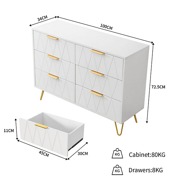 Commode blanche 6 tiroirs, buffet polyvalent avec poignées dorées et pieds métal, meuble de rangement chambre salon couloir