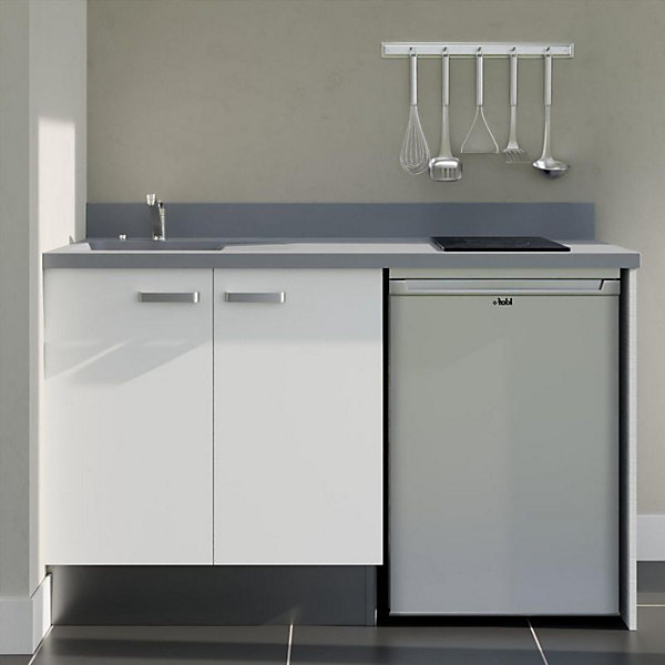 Kitchenette K17 - 140 cm - façades Blanc - Plan monobloc en quartz coloris Cromo évier à gauche - Electroménager Inox