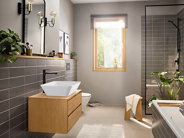 Mitigeur de lavabo pour vasque à poser avec tirette et vidage noir mat, Hansgrohe Rebris E 240 CoolStart