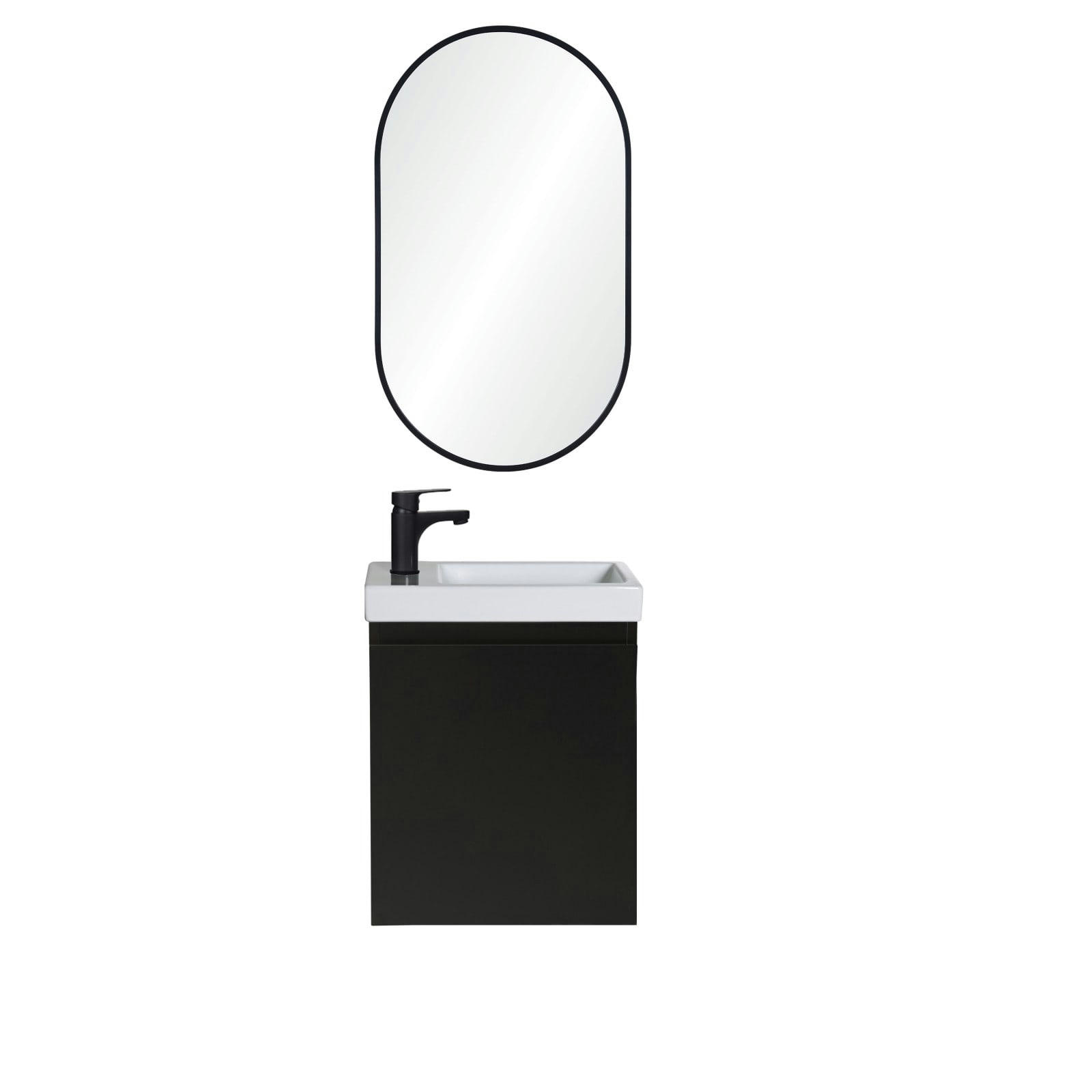 LISA - Meuble lave-mains  noir + robinet noir + miroir ovale