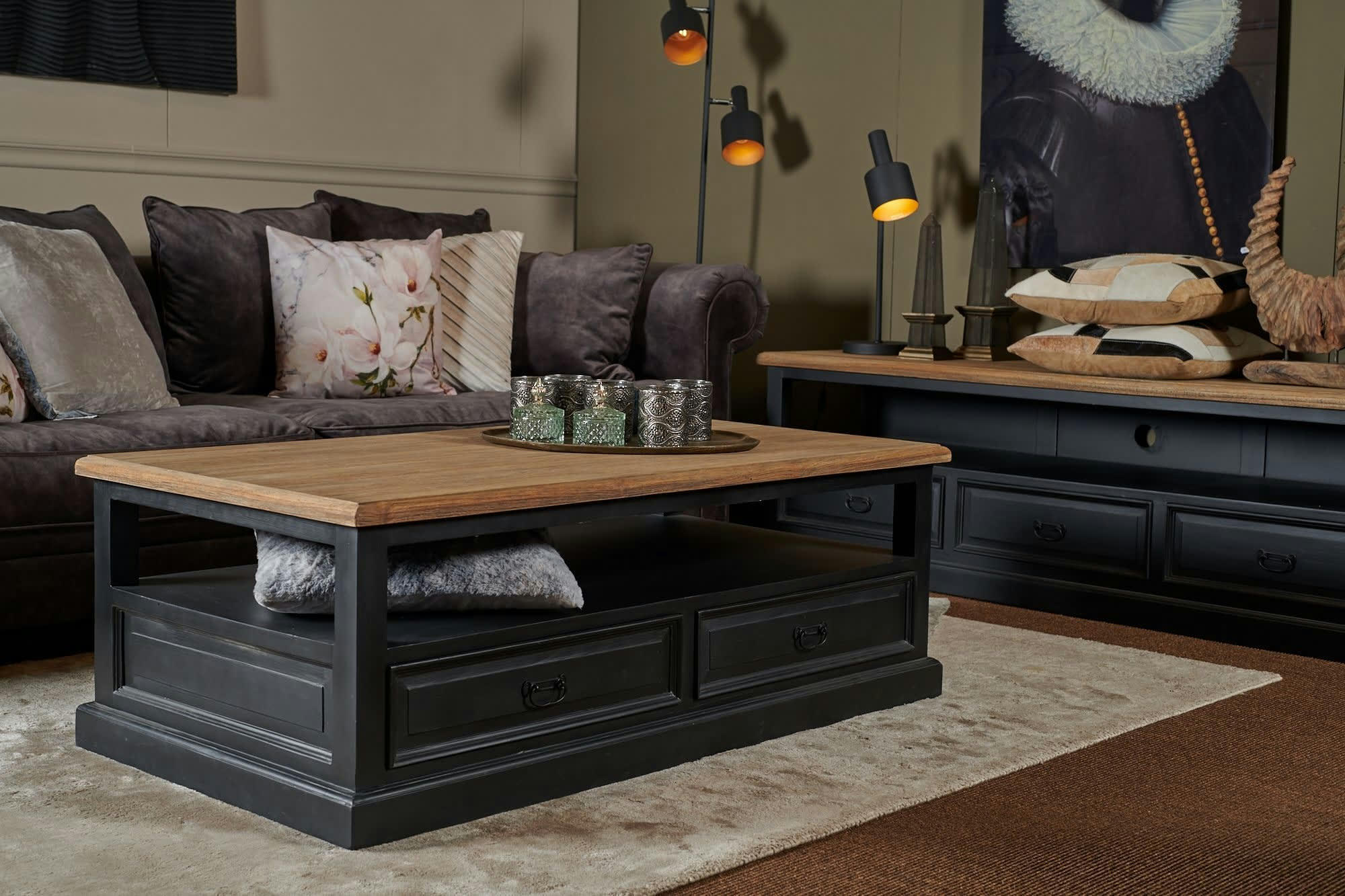 DALILA - Table basse en bois noir 4 tiroirs 1 niche