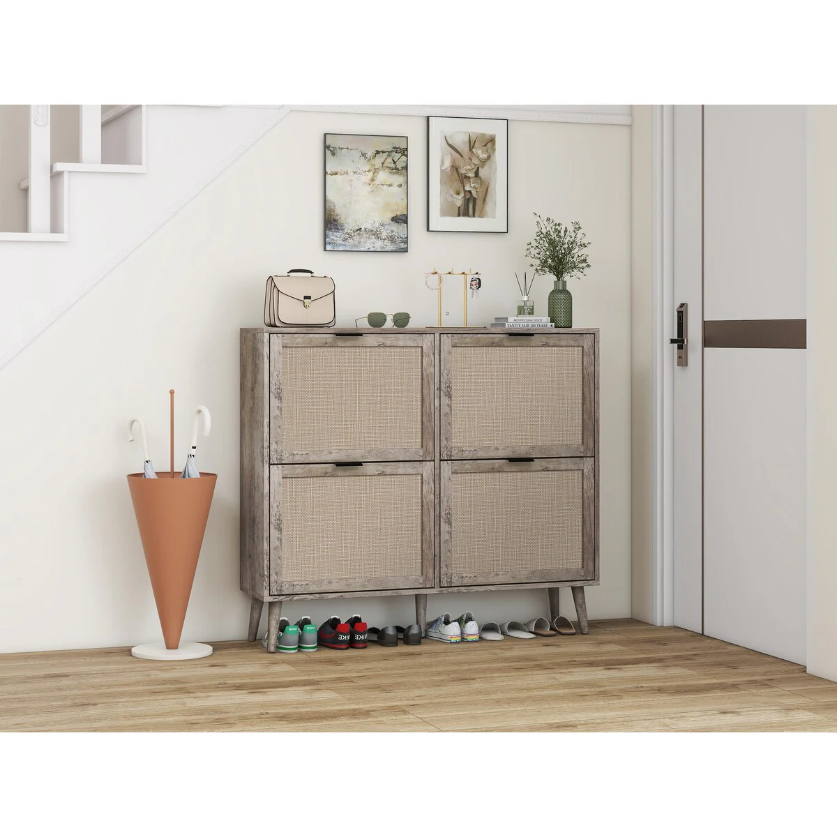 4 Door Shoe Rack, Freestanding Modern Shoe Storage Cabinet, for Entryway