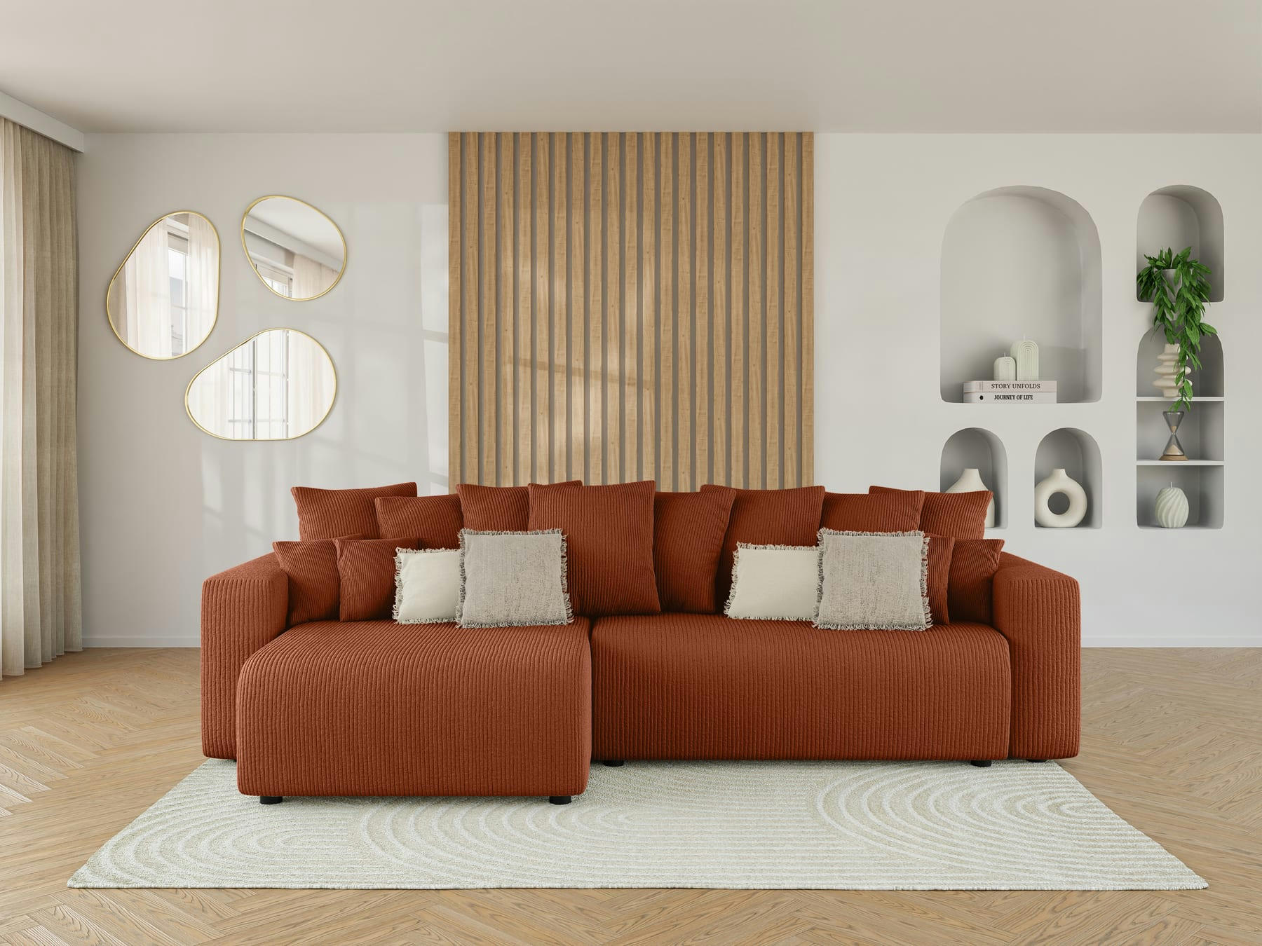 LEA - Canapé d'angle XL convertible en velours côtelé 5 places terracotta