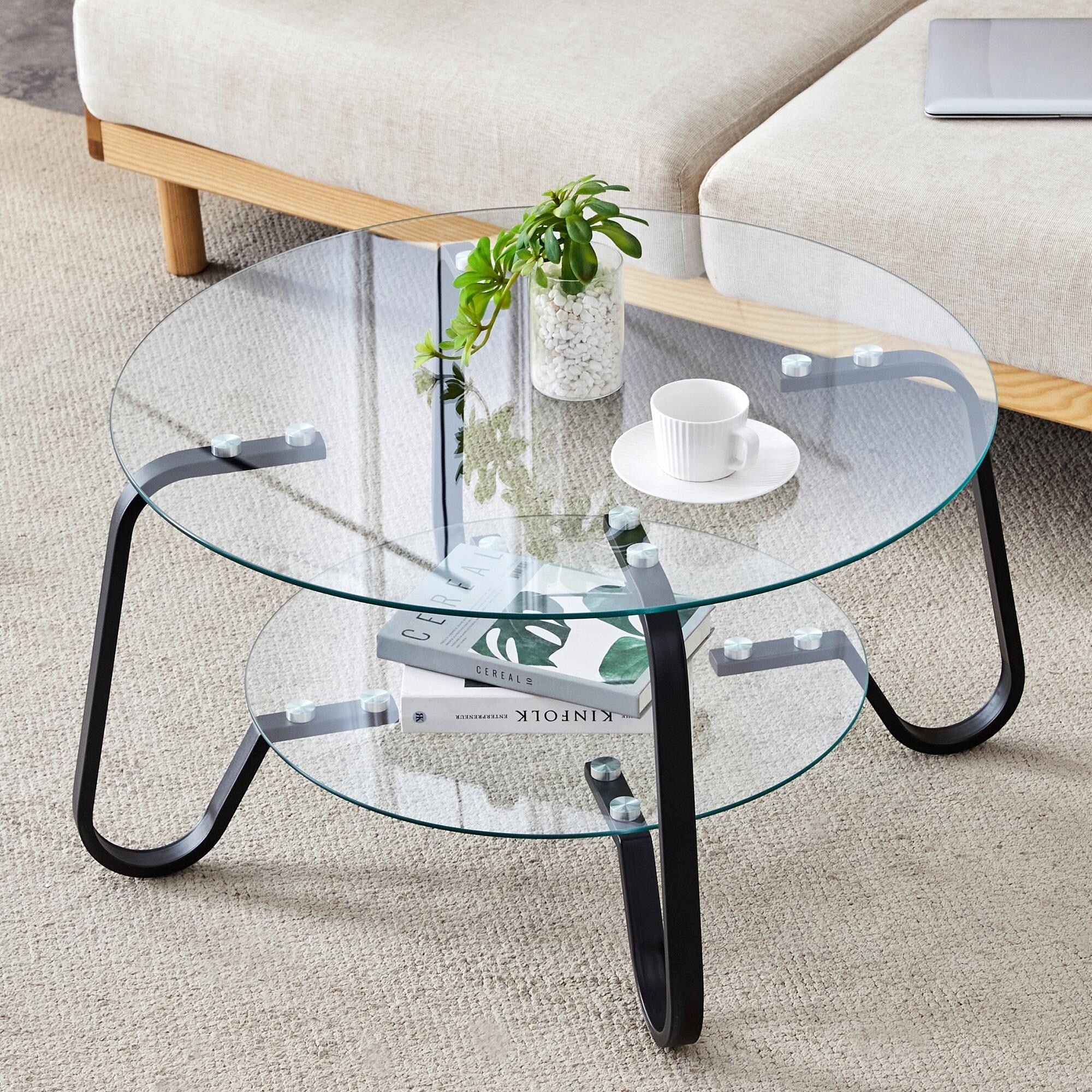 Retro Minimalist Style Metal Frame Double-Layer Tempered Glass Coffee Table