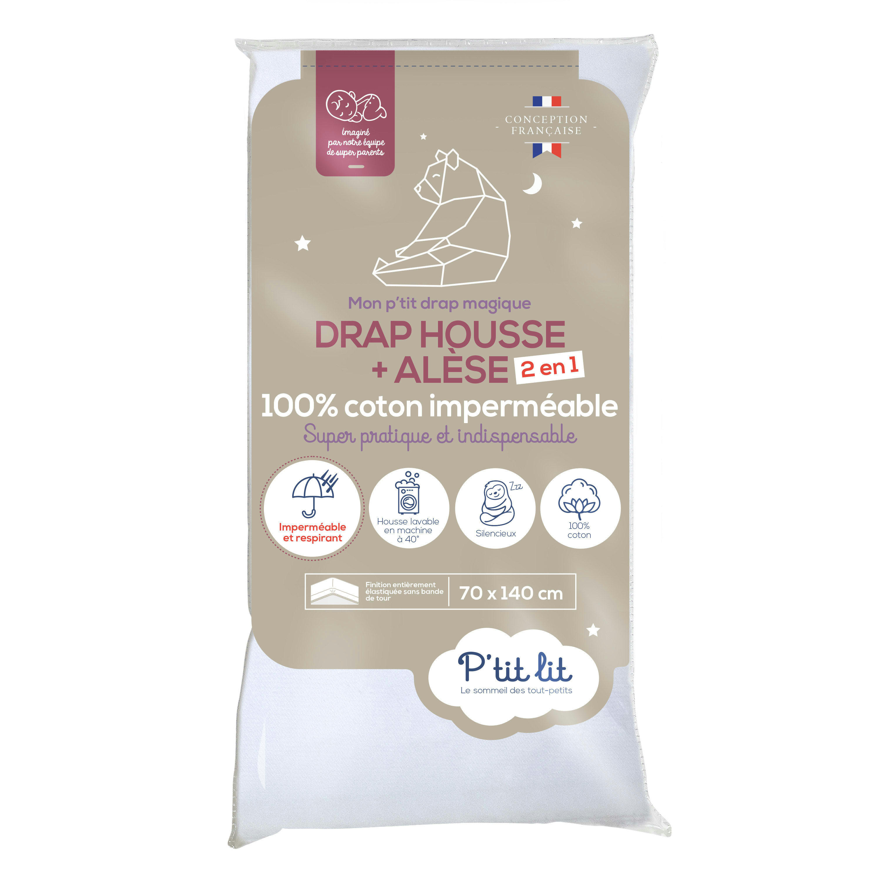 2 EN 1 - Drap housse bébé et alèse imperméable blanc 70x140