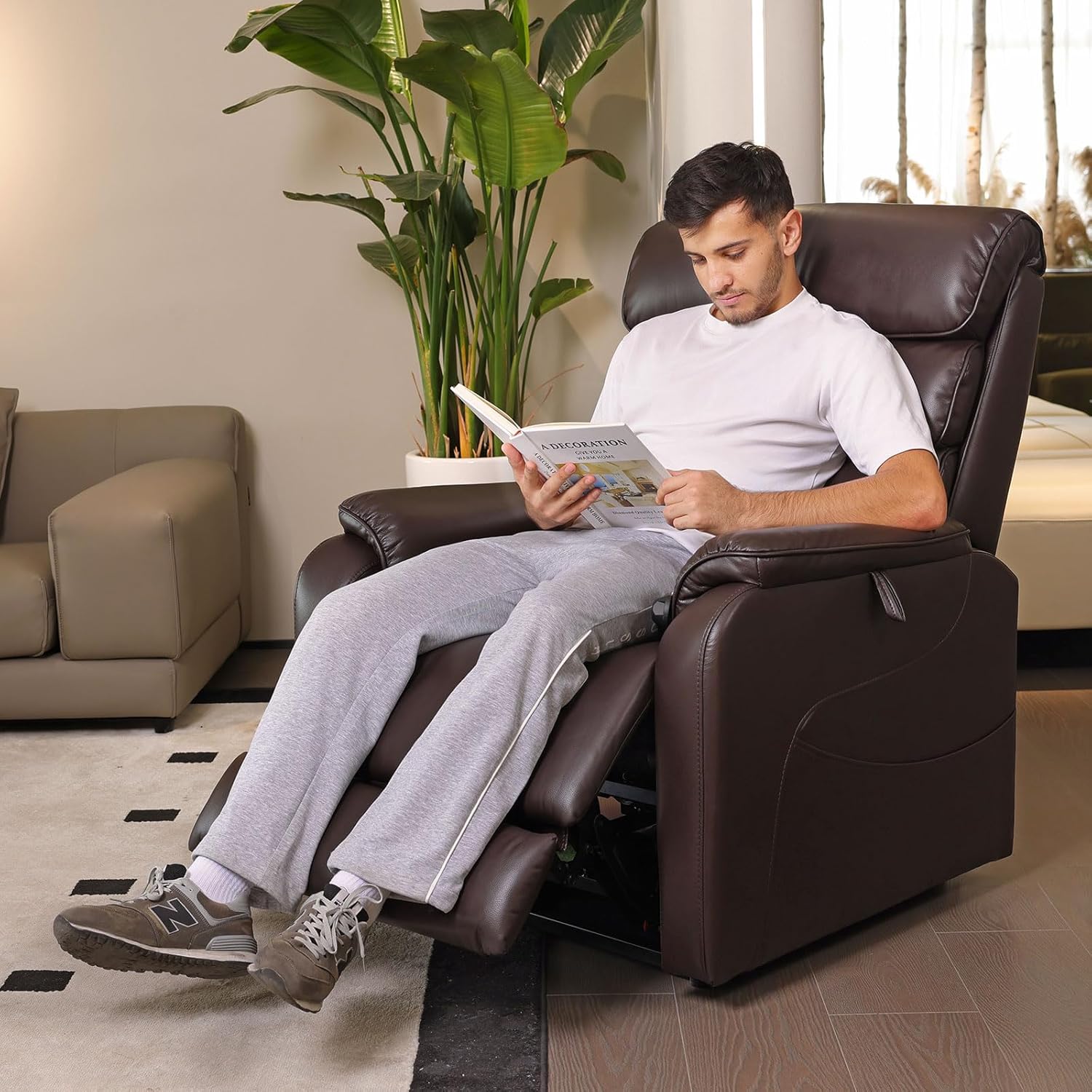 EONIX Clearance Dual Motor Lay Flat Power Lift Recliner Chair for Elderly with Heat and Massage, Electric Leather Lift Chair with Charging Ports, FSC Oeko 400lbs Heavy Duty, SLRY003061, Dark Brown