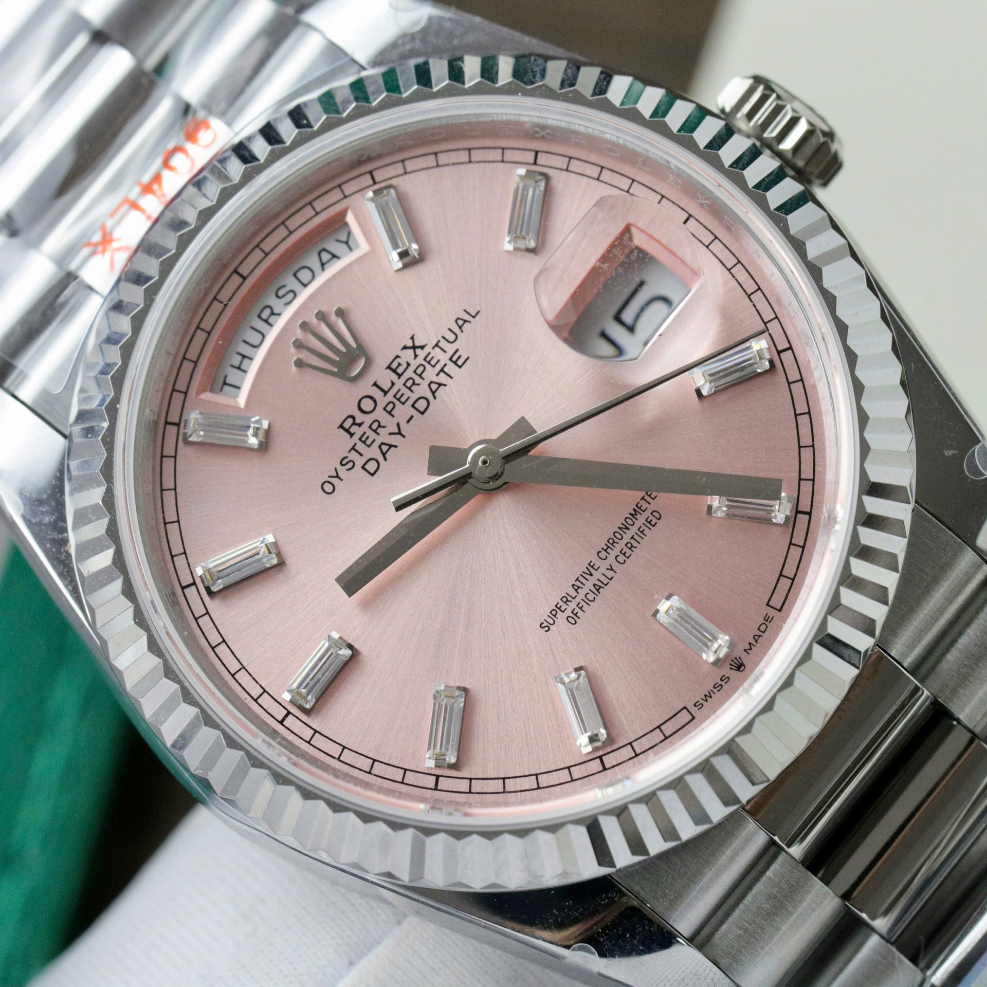 Rolex Day-Date 128236 904L Steel Pink Dial CZ Diamonds 36mm Super Clone