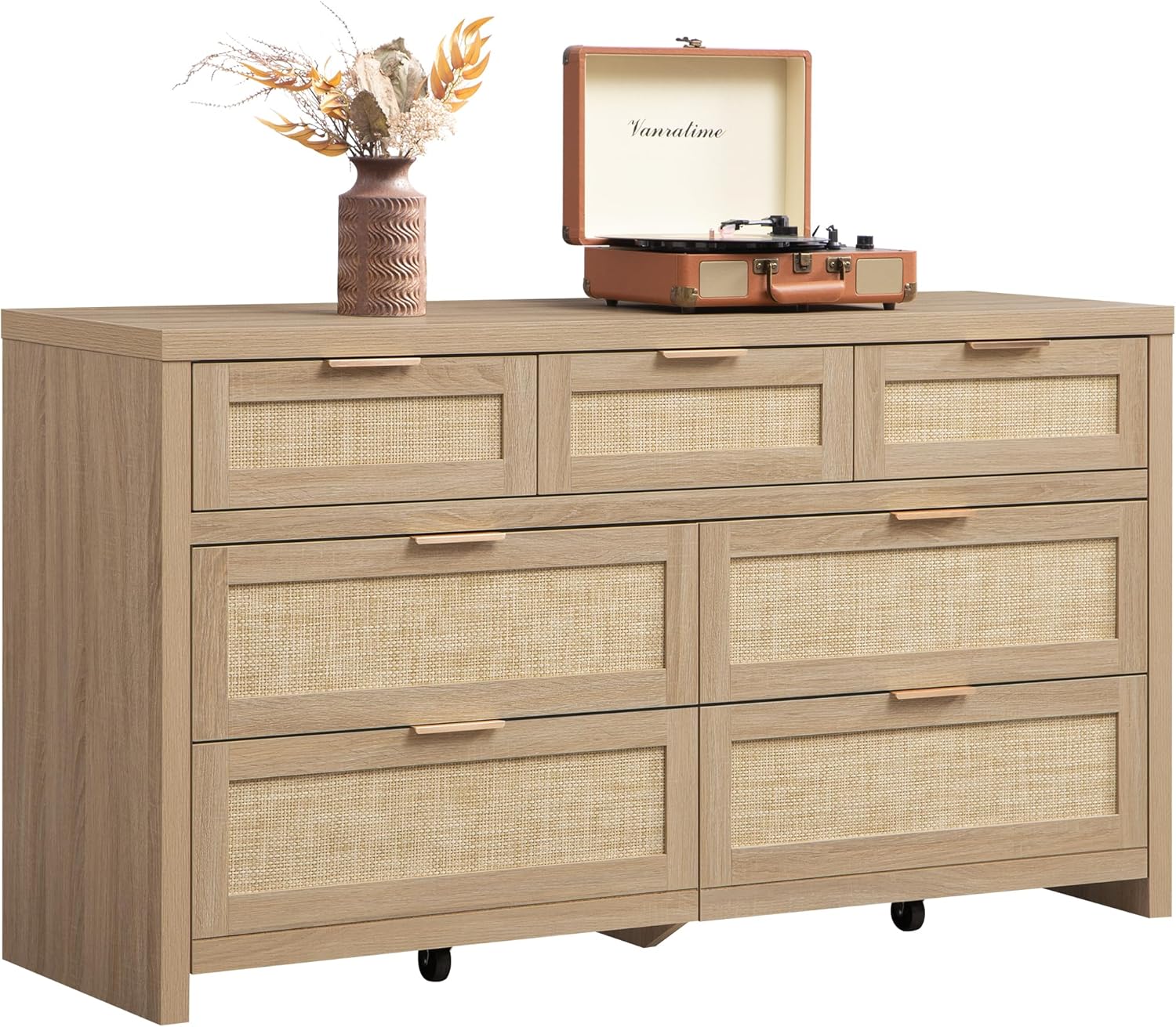 SICOTAS 7 Drawer Dresser for Bedroom, 57 Wide Rattan Dressers, Large Chest of Drawers for Bedroom, Dresser TV Stand, Boho Closet Organizer (Reclaimed Light Oak, 7 Drawers (1 pc))