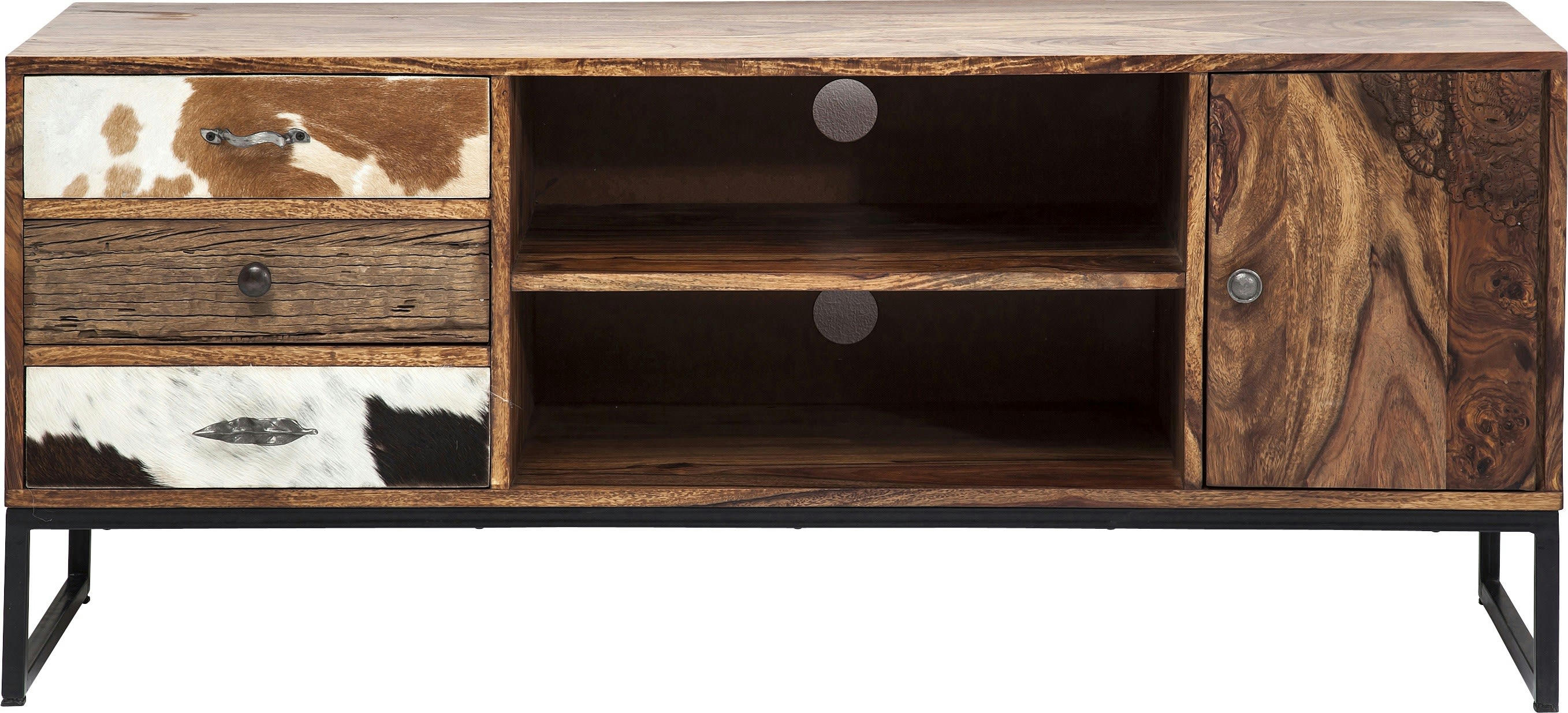 RODEO - Meuble TV 3 tiroirs 1 porte en bois massif et peau de vache