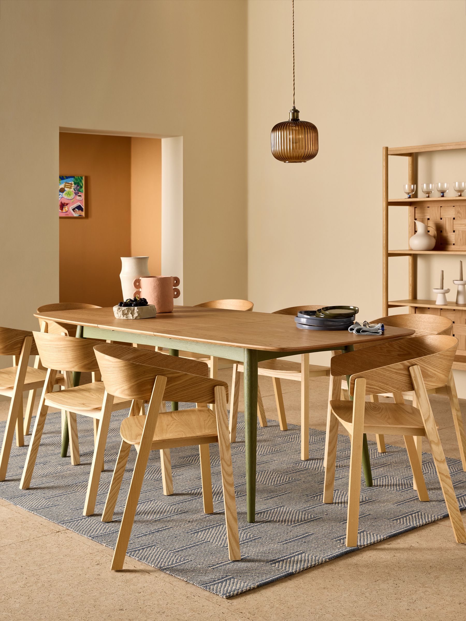 Deauville Rectangular 6 to 8 Seater Extending Dining Table in Oak and Green Legs