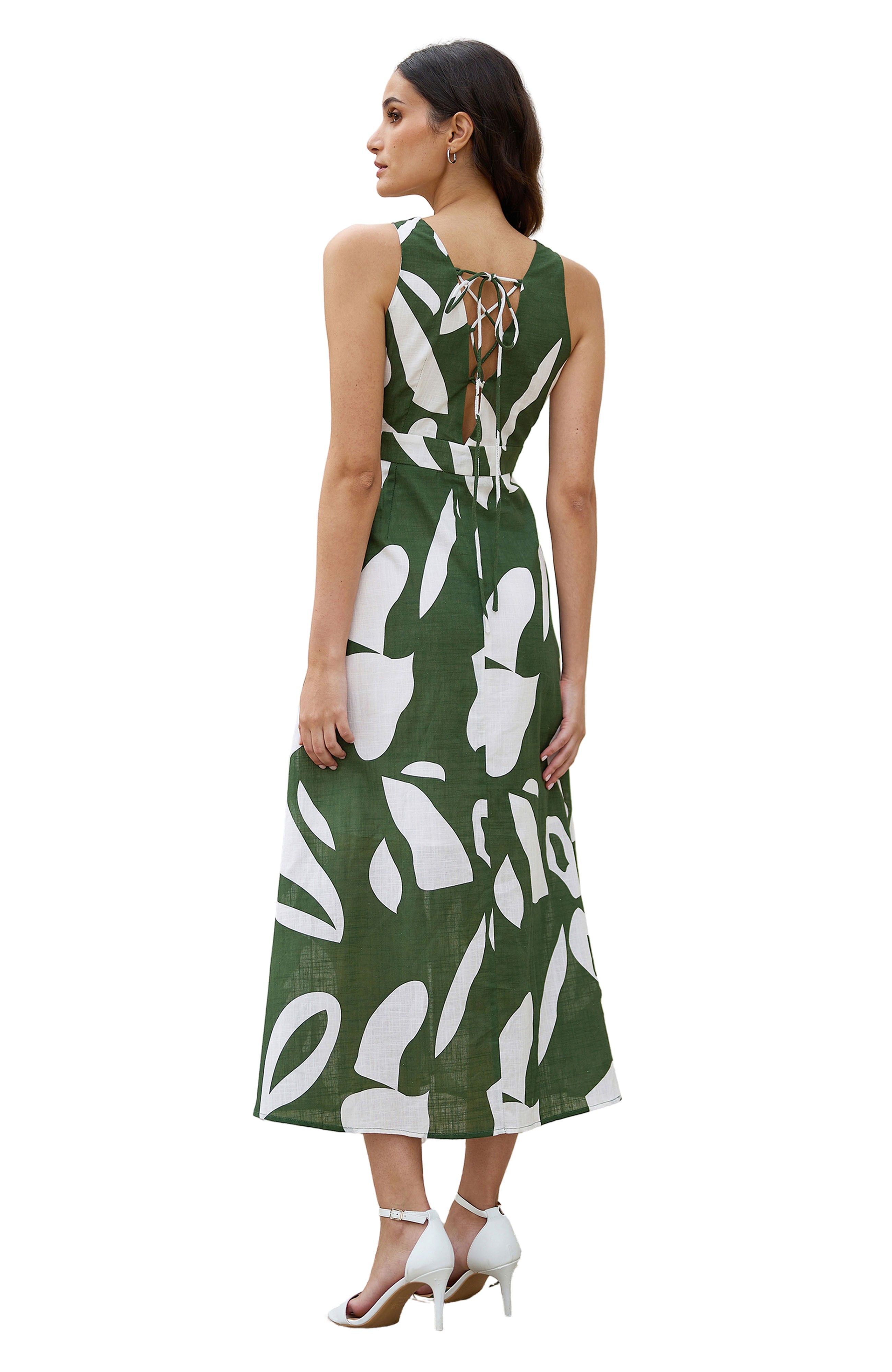 Yumi Cotton Abstract Print Maxi Dress With Tie Back
