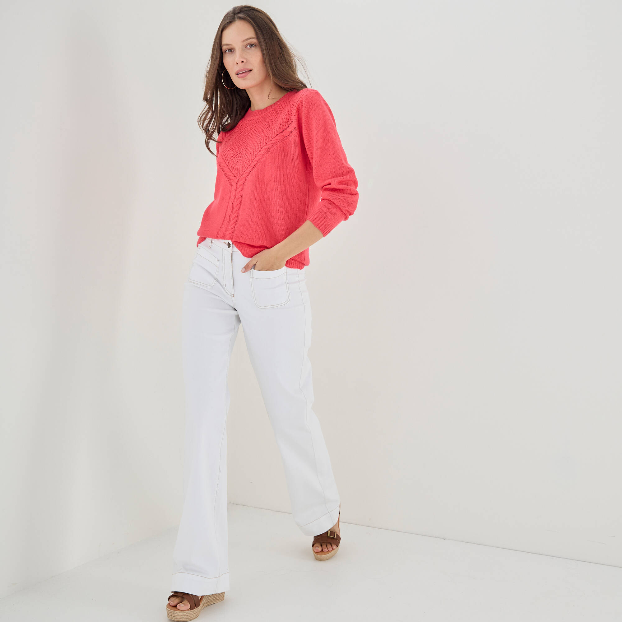 Pull col rond, maille fantaisie