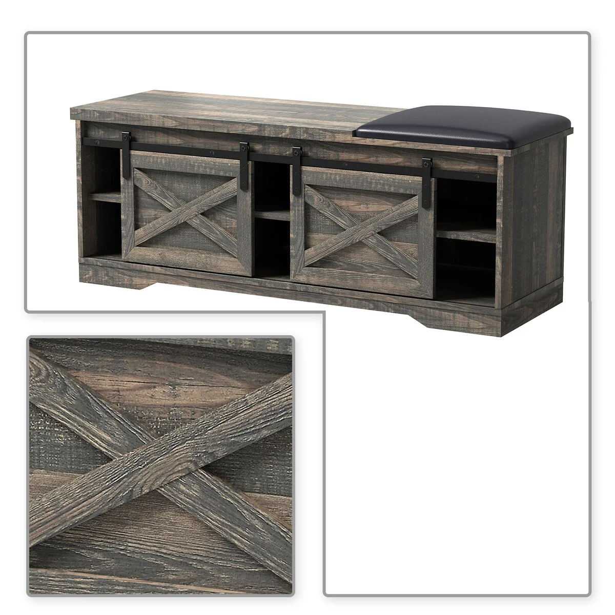 Vintage Farmhouse Style Wooden Storage Bench with Sliding Doors