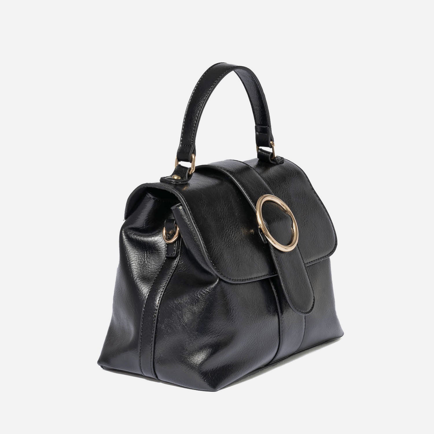 Sac à main noir avec boucle ronde métal