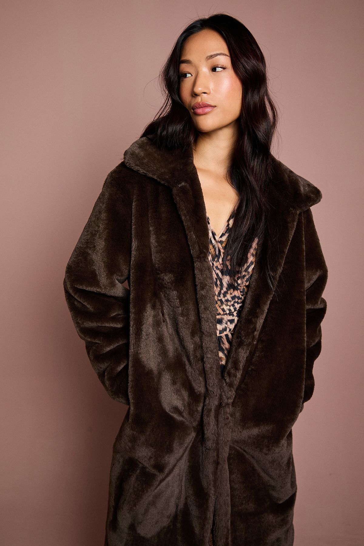Coast Chocolate Faux Fur Longline Collared Coat