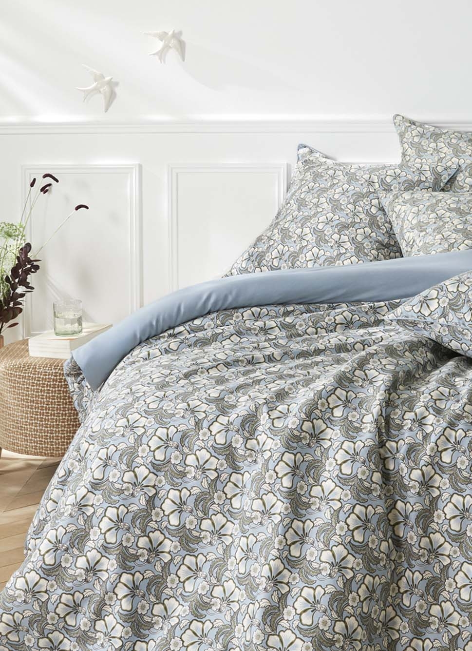 DRAP PLAT EN SATIN IMPRIMÉ FLORAL SOLENE BLEU