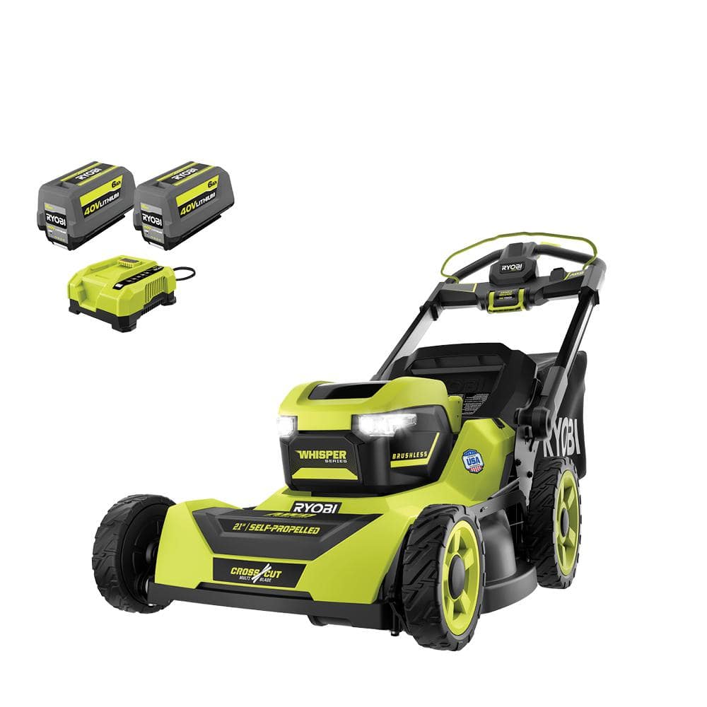 Ryobi 40V HP Brushless 21-in Self-Propelled AWD Lawn Mower Whisper Series ncludes (2) 6.0Ah Batteries and Charger