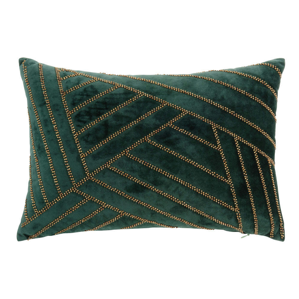 AMANDINE - Coussin en velours vert et perles dorées 30x45