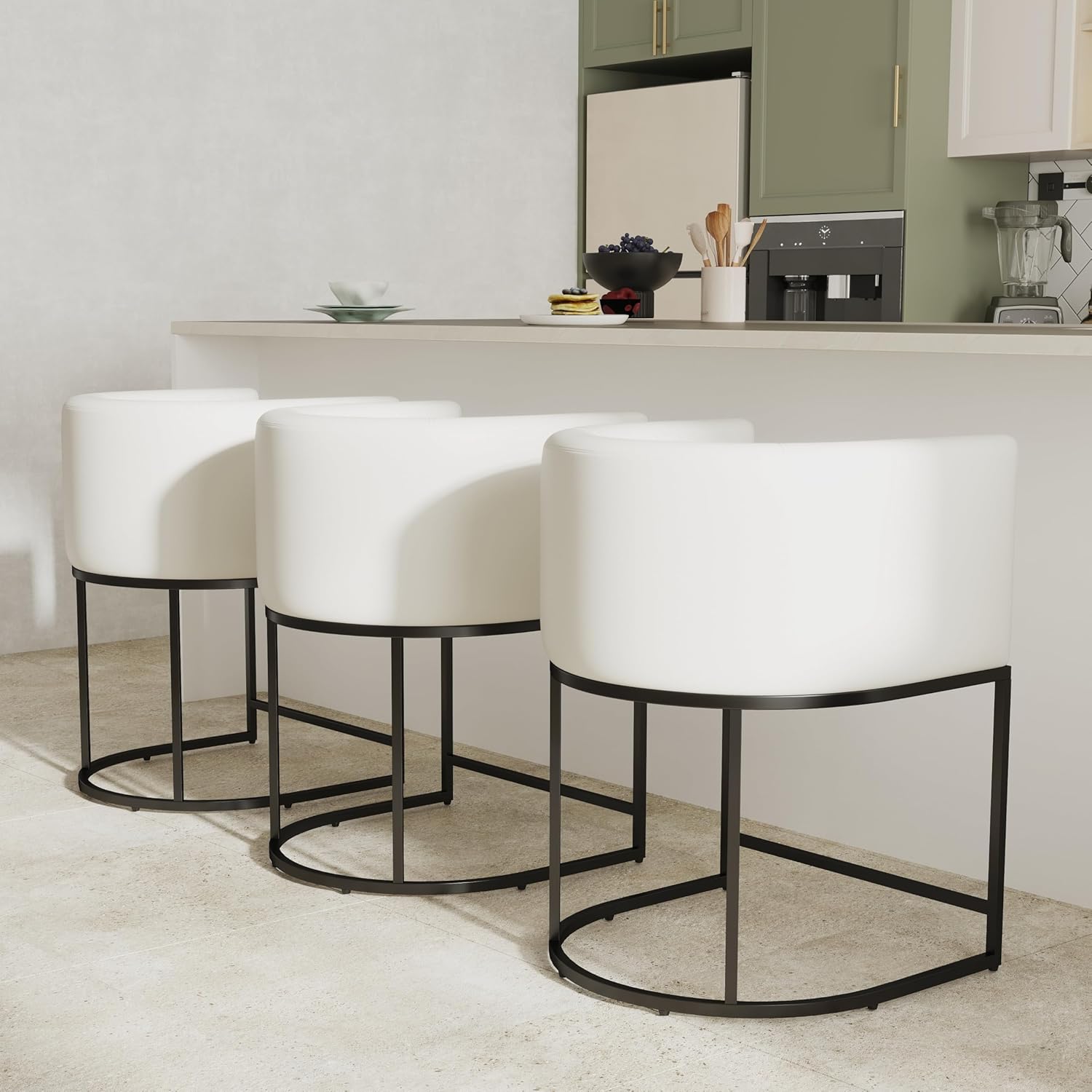PU Leather Bar Stools Set of 3, Modern Upholstered Counter Height Bar stools 24 Leather Barstools Barrel Kitchen Counter Island Stools with Black Metal Base, White