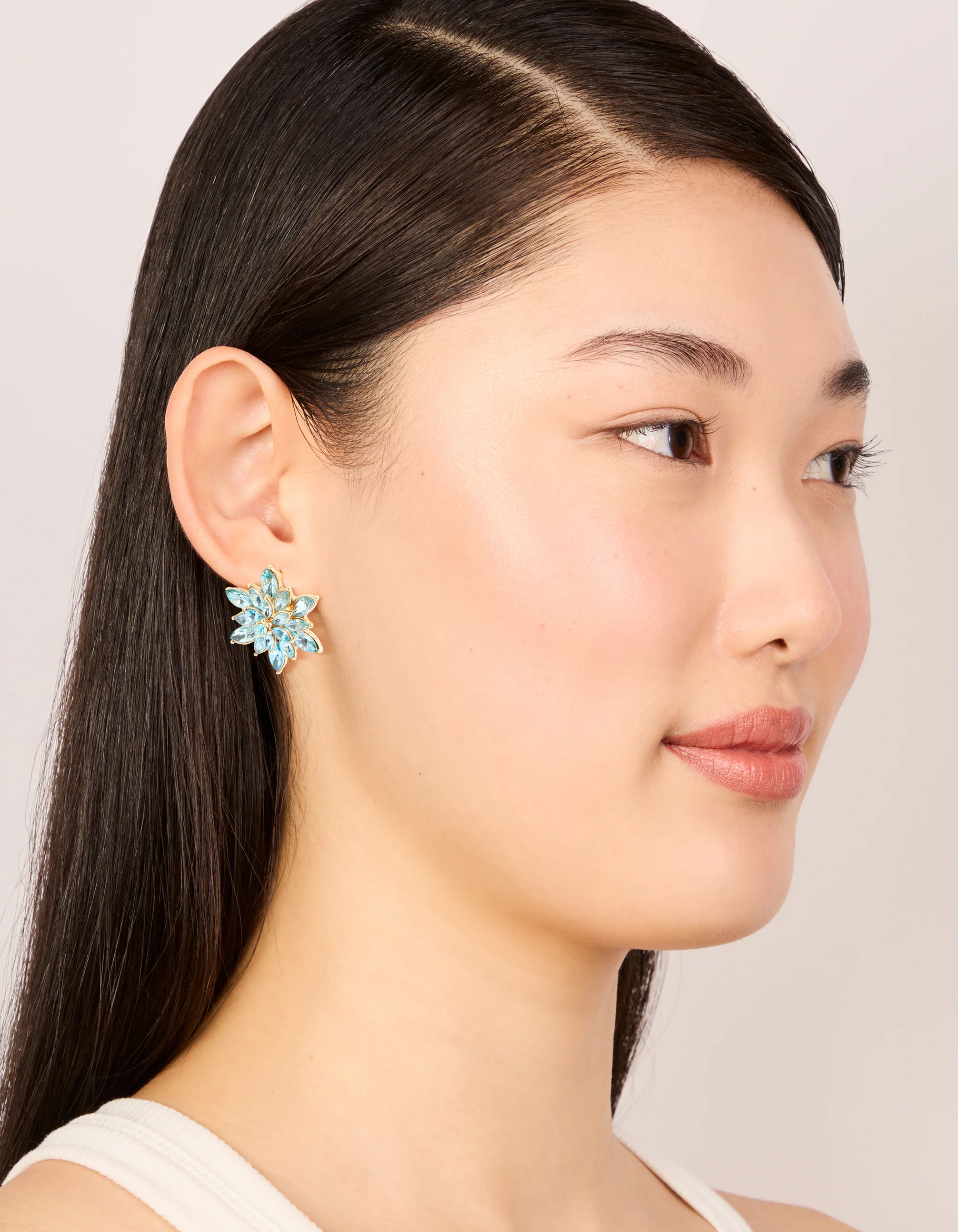 Gold Blue Diamante Marquise Flower Stud Earrings