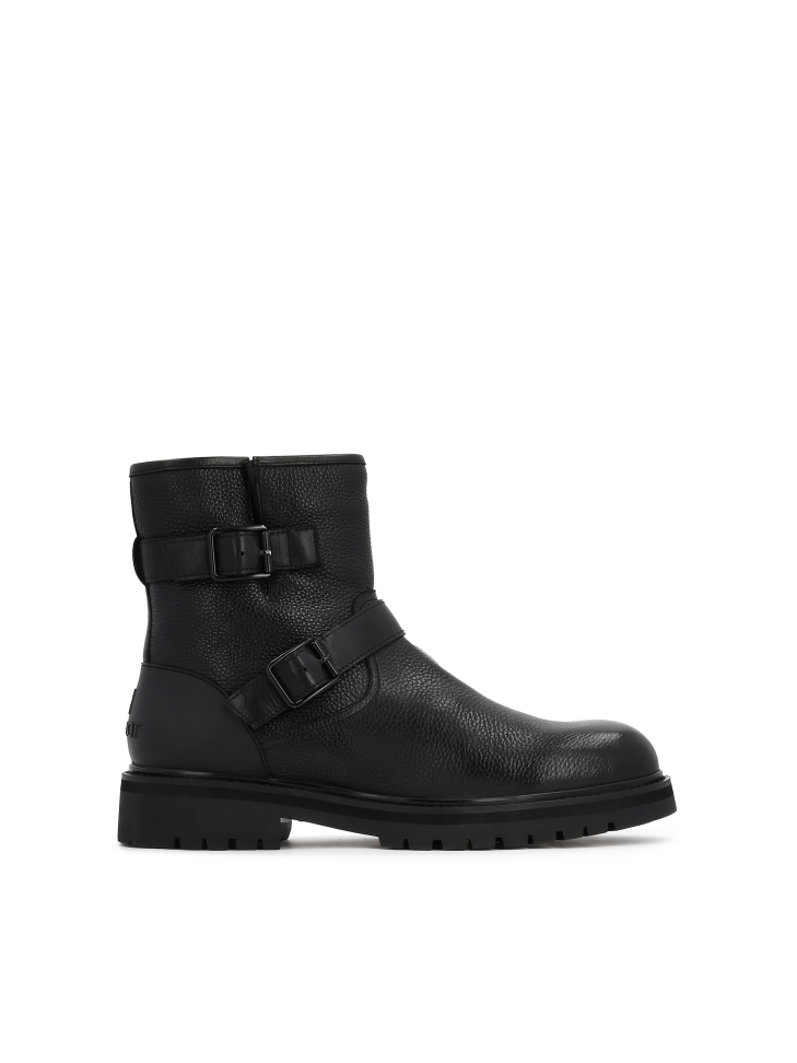 Black men's leather boots with buckles and zipper
