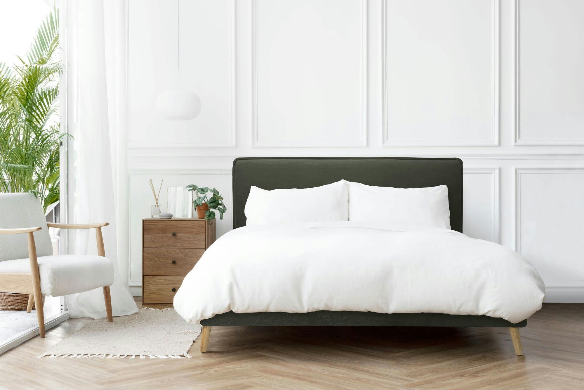 THAIS - Lit avec matelas 2 places  en tissu kaki 160x200