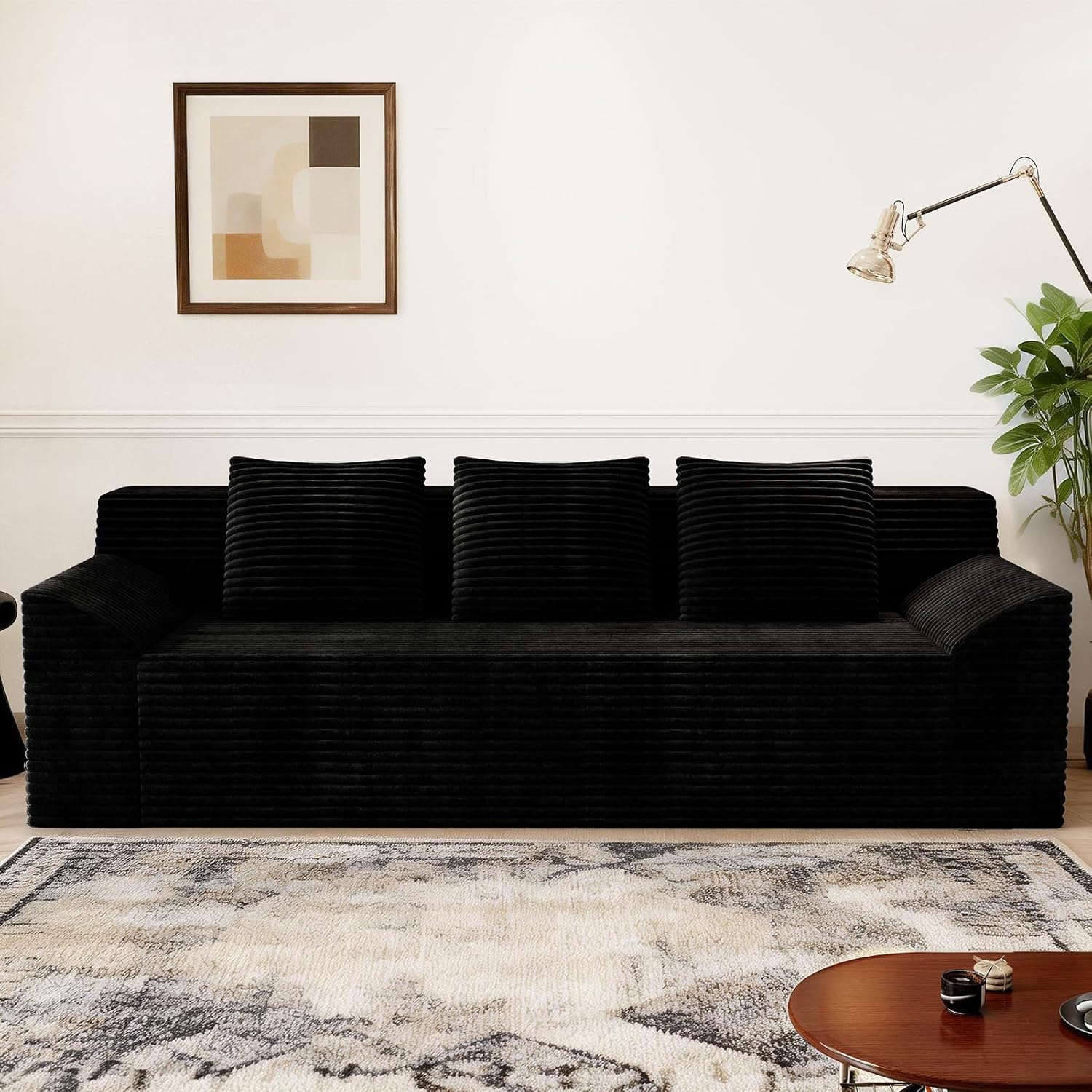 71 Corduroy Living Room Sofa, 3 Setaser Deep Seat Couch with 3 Lumbar Pillows, Comfy Boneless Sofa Modern Compressed Couch for Bedroom, Office, Apartment, No Assembly, Curved Armrests (Black)